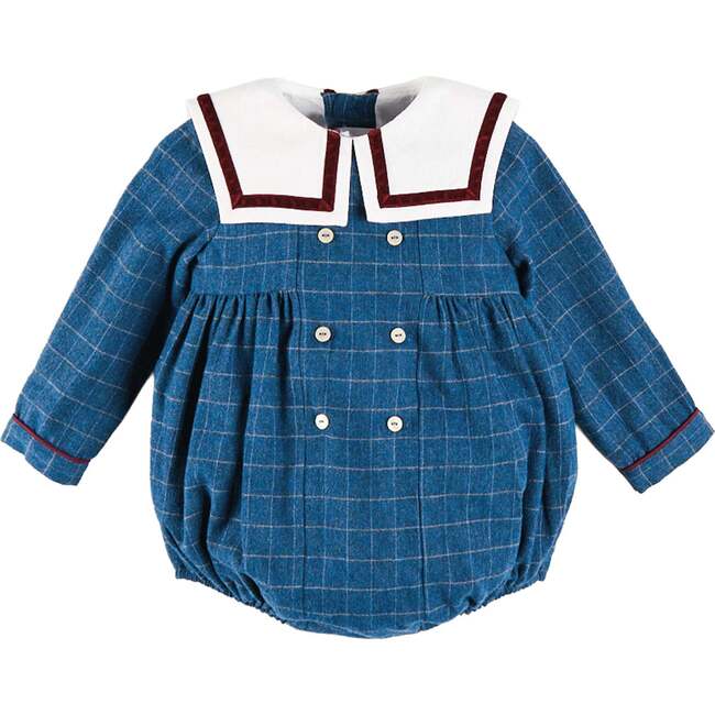 Moreton Check Mariner Collar Long Sleeve Romper, Blue