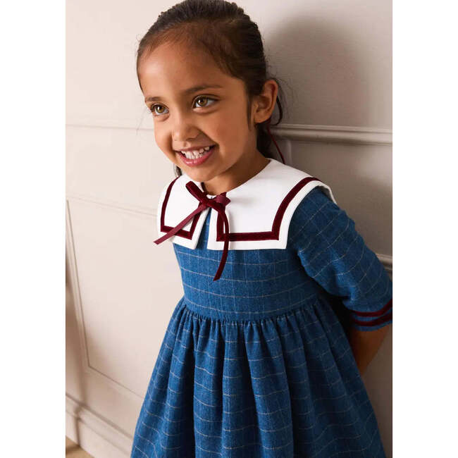 Moreton Check Mariner Collar Velvet Detail Dress, Blue - Dresses - 3