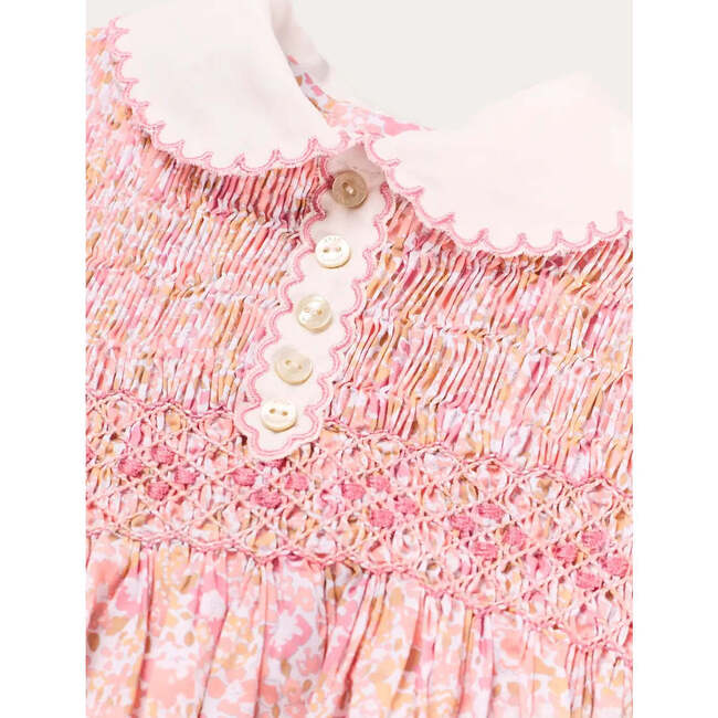 Nellie Floral Hand Smocked Embroidered Peter Pan Collar Dress, Pink - Dresses - 7