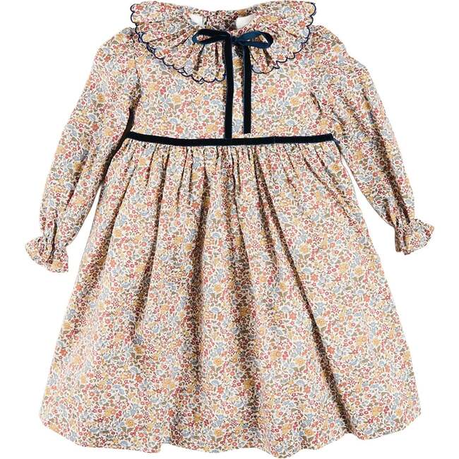 Marianne Floral Long Sleeve Velvet Bow Dress, Mustard Made with Liberty Fabric