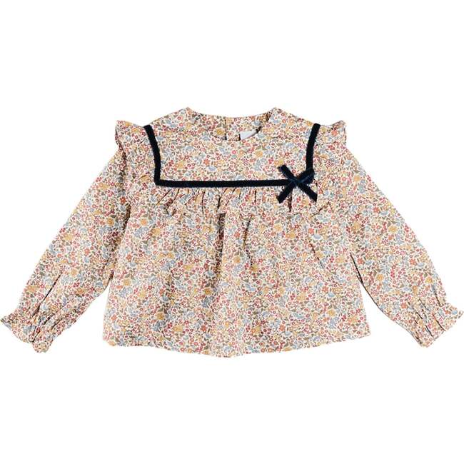 Marianne Floral Hand Smocked Velvet Bow Detail Blouse, Toffee Made with Liberty Fabric