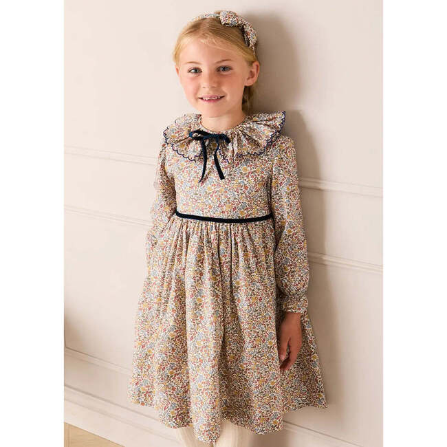 Marianne Floral Long Sleeve Velvet Bow Dress, Mustard Made with Liberty Fabric - Dresses - 4