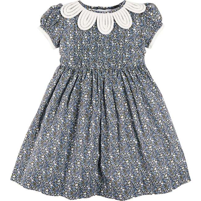 Lydia Floral Petal Collar Short Sleeve Bow Detail Dress, Blue
