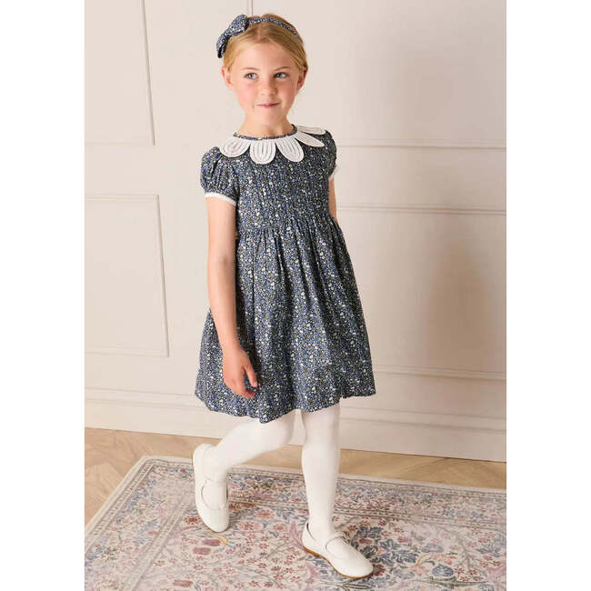 Lydia Floral Petal Collar Short Sleeve Bow Detail Dress, Blue - Dresses - 2
