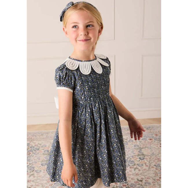 Lydia Floral Petal Collar Short Sleeve Bow Detail Dress, Blue - Dresses - 3