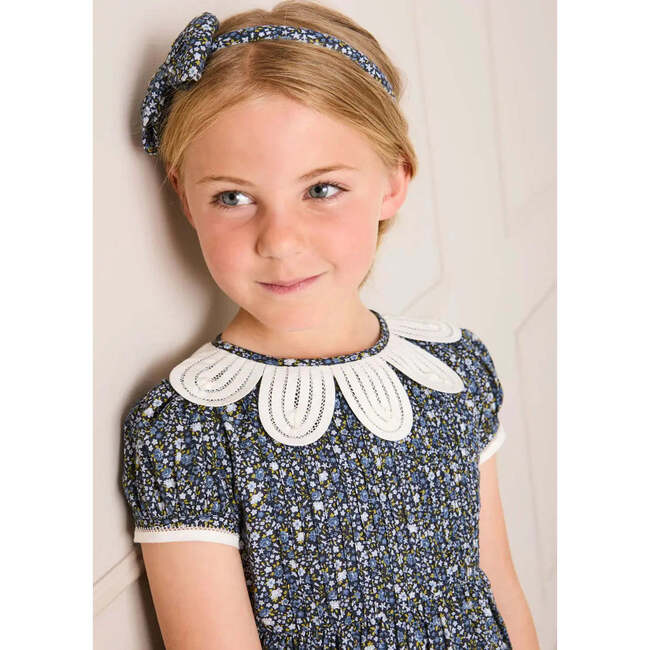Lydia Floral Petal Collar Short Sleeve Bow Detail Dress, Blue - Dresses - 4