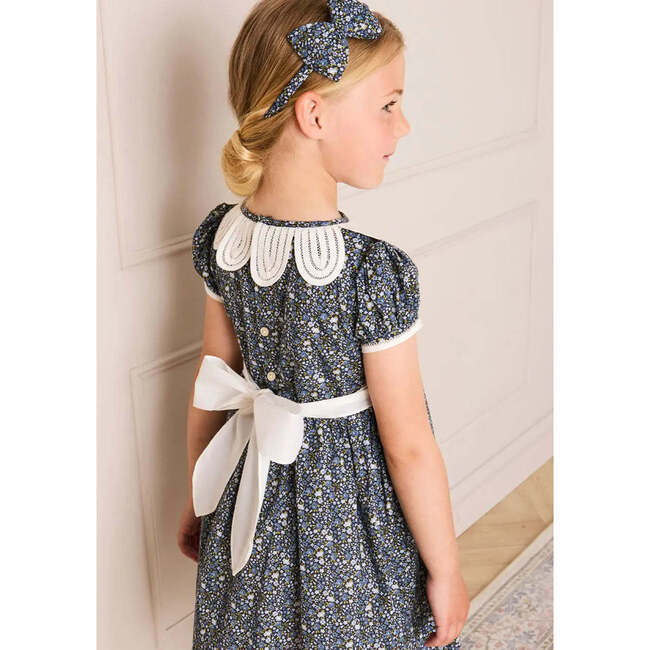 Lydia Floral Petal Collar Short Sleeve Bow Detail Dress, Blue - Dresses - 5