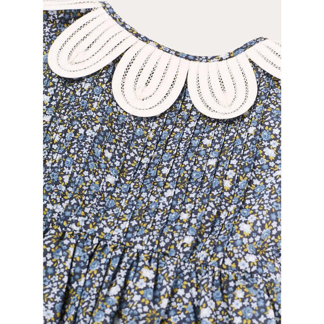 Lydia Floral Petal Collar Short Sleeve Bow Detail Dress, Blue - Dresses - 6