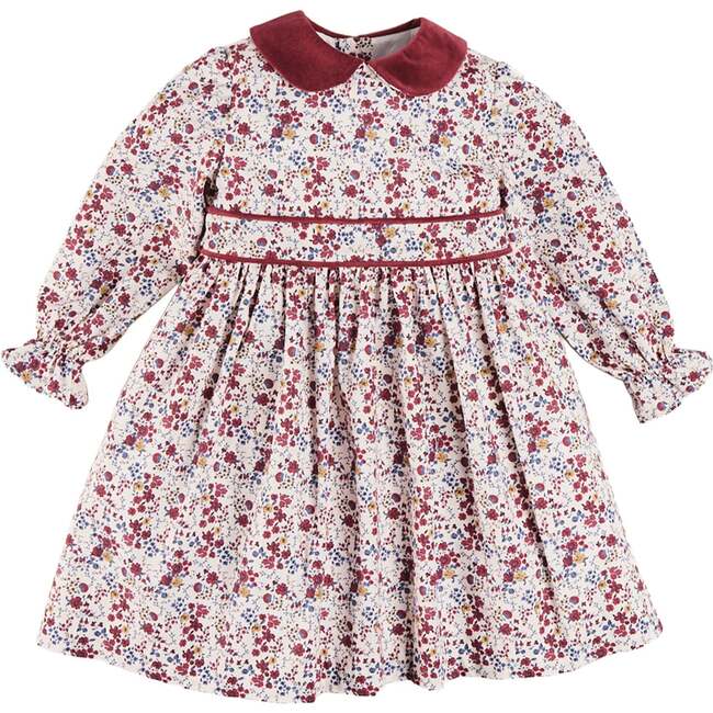 Louisa Floral Velvet Collar Long Sleeve Dress, Burgundy