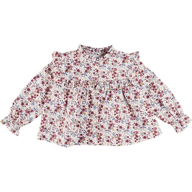 Louisa Floral Ruffle Trim Long Sleeve Blouse, Burgundy