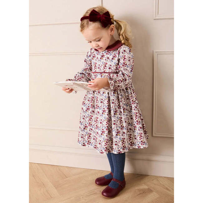 Louisa Floral Velvet Collar Long Sleeve Dress, Burgundy - Dresses - 2