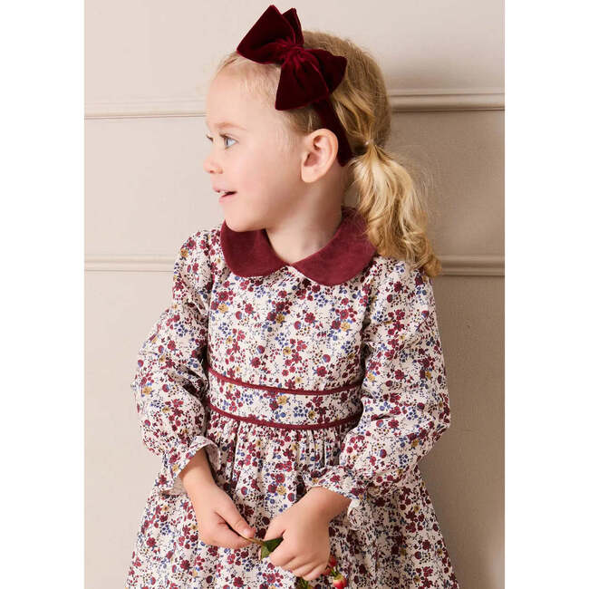 Louisa Floral Velvet Collar Long Sleeve Dress, Burgundy - Dresses - 3