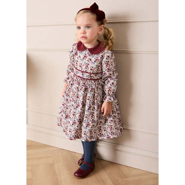 Louisa Floral Velvet Collar Long Sleeve Dress, Burgundy - Dresses - 4