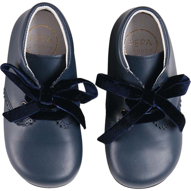 Leather Velvet Ribbon Lace Up Booties, Navy