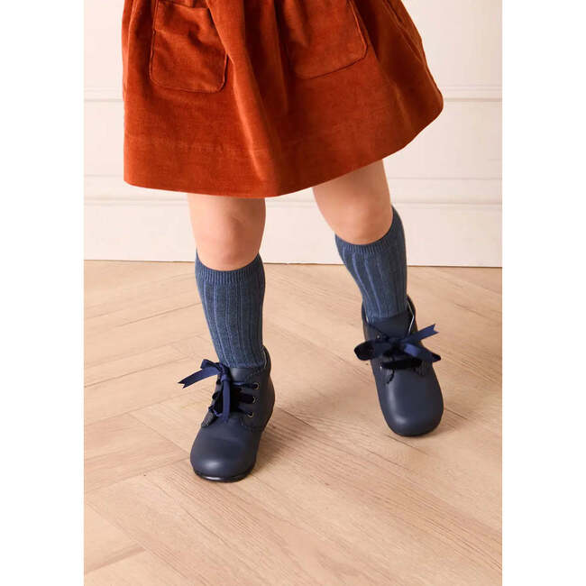 Leather Velvet Ribbon Lace Up Booties, Navy - Booties - 2