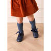 Leather Velvet Ribbon Lace Up Booties, Navy - Booties - 2