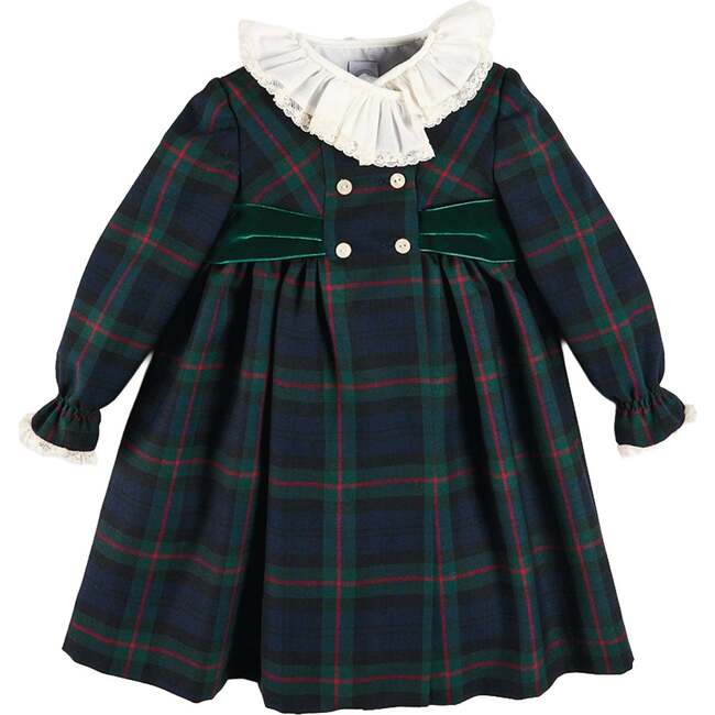 Kinnerton Tartan Hand Smocked Double Breasted Velvet Bow Dress, Green
