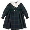 Kinnerton Tartan Hand Smocked Double Breasted Velvet Bow Dress, Green - Dresses - 1 - thumbnail