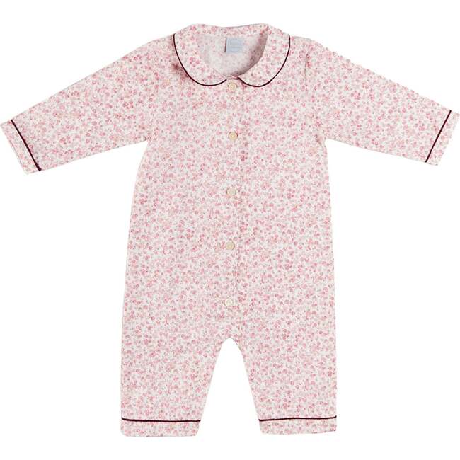 Jane Floral Long Sleeve Footie Pajamas with Burgundy Piping, Pink