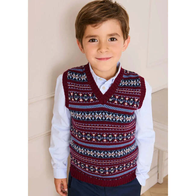 Jacquard Knit Sweater Vest, Burgundy - Sweaters - 2