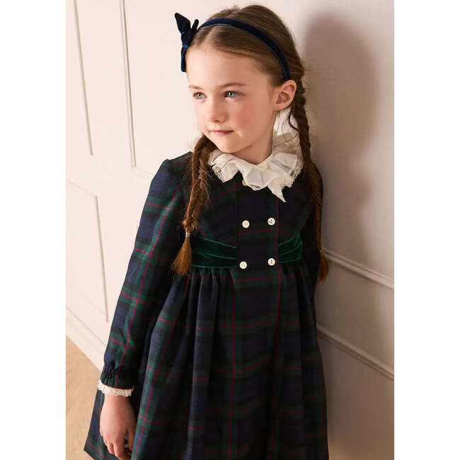 Kinnerton Tartan Hand Smocked Double Breasted Velvet Bow Dress, Green - Dresses - 3