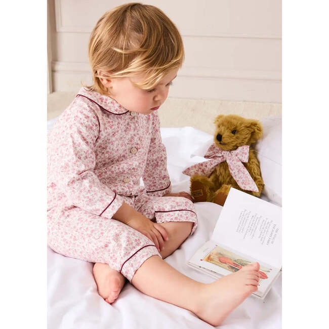 Jane Floral Long Sleeve Footie Pajamas with Burgundy Piping, Pink - Footie Pajamas - 2