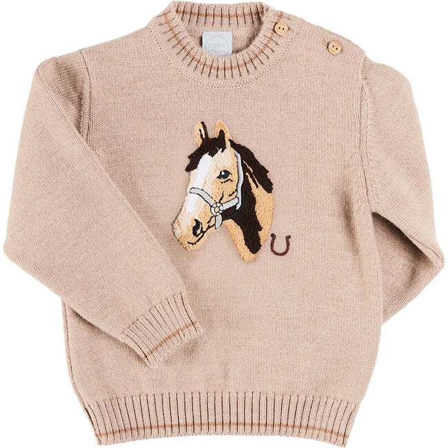 Horse Embroidered Button Detail Jumper, Beige