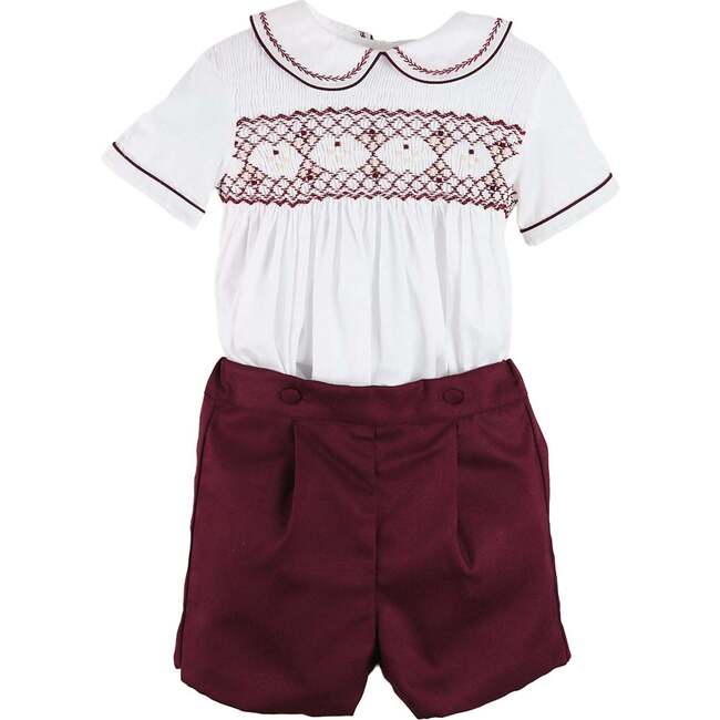 Hand Smocked Peter Pan Collar Short Sleeve Two Piece Set, Burgundy