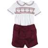 Hand Smocked Peter Pan Collar Short Sleeve Two Piece Set, Burgundy - Mixed Apparel Set - 1 - thumbnail