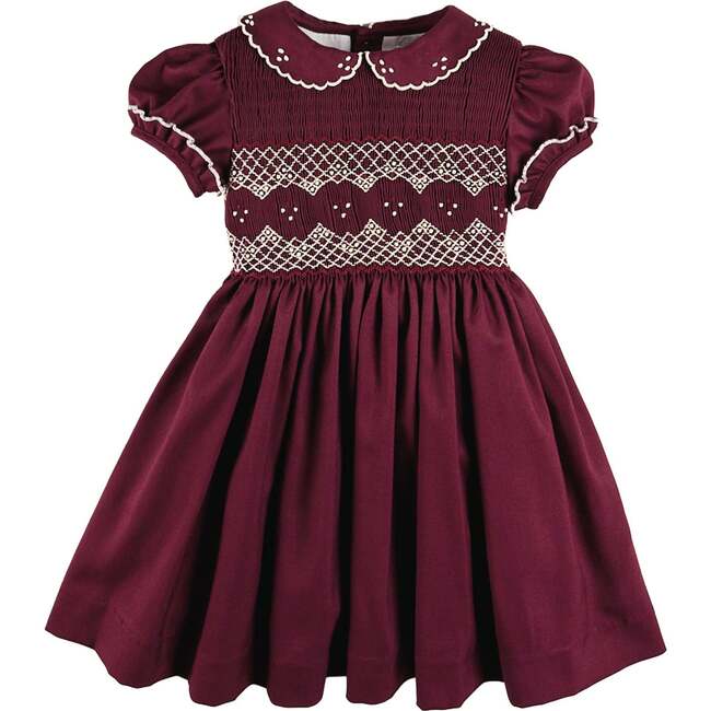 Hand Smocked Peter Pan Collar Short Sleeve Dress, Burgundy