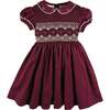 Hand Smocked Peter Pan Collar Short Sleeve Dress, Burgundy - Dresses - 1 - thumbnail