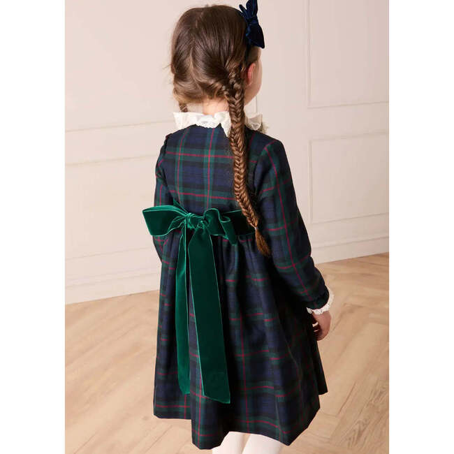 Kinnerton Tartan Hand Smocked Double Breasted Velvet Bow Dress, Green - Dresses - 4