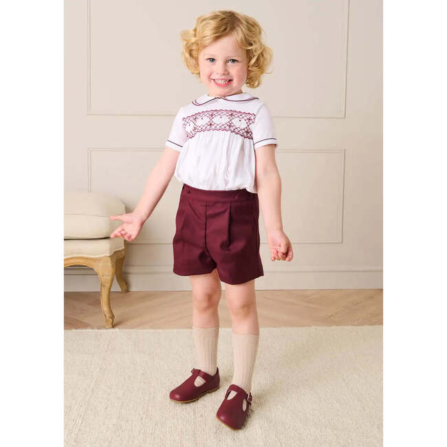 Hand Smocked Peter Pan Collar Short Sleeve Two Piece Set, Burgundy - Mixed Apparel Set - 2