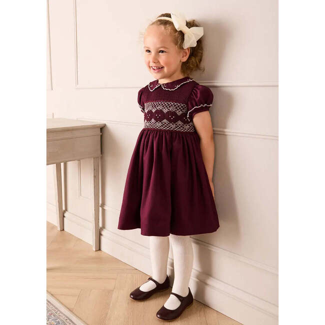Hand Smocked Peter Pan Collar Short Sleeve Dress, Burgundy - Dresses - 2