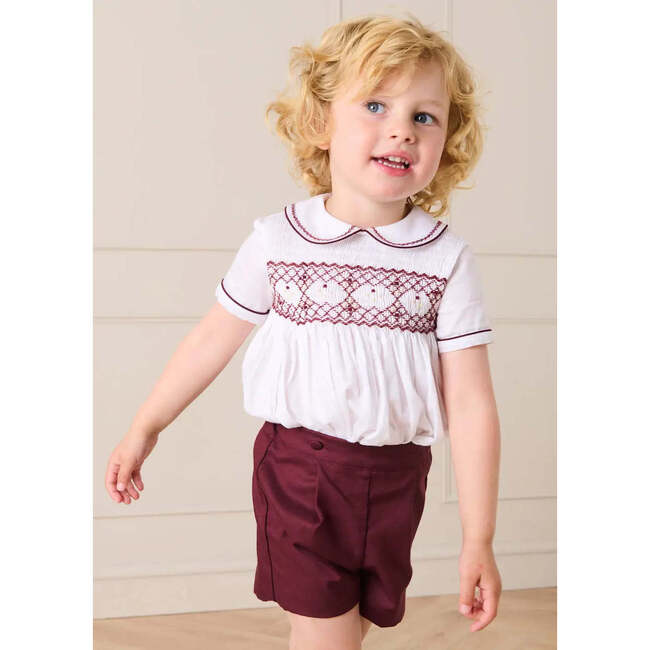 Hand Smocked Peter Pan Collar Short Sleeve Two Piece Set, Burgundy - Mixed Apparel Set - 3