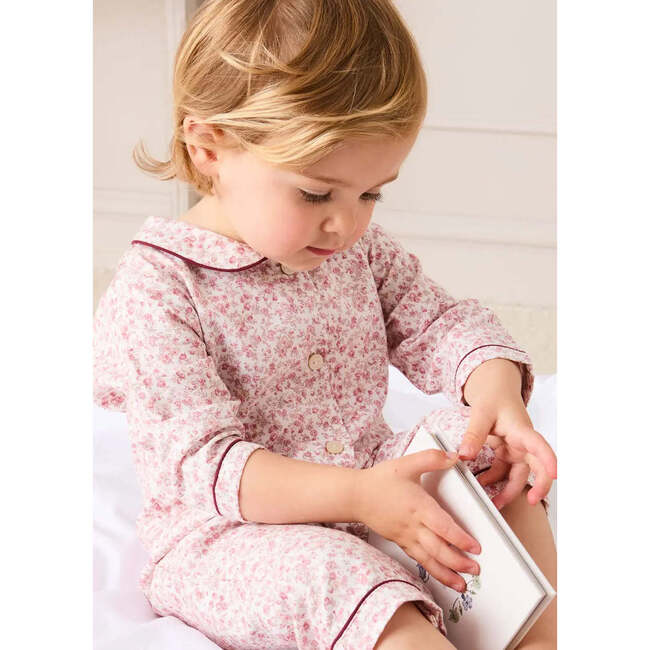 Jane Floral Long Sleeve Footie Pajamas with Burgundy Piping, Pink - Footie Pajamas - 4