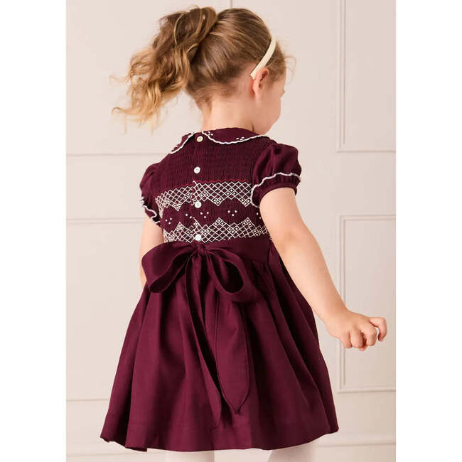 Hand Smocked Peter Pan Collar Short Sleeve Dress, Burgundy - Dresses - 3
