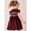 Hand Smocked Peter Pan Collar Short Sleeve Dress, Burgundy - Dresses - 3