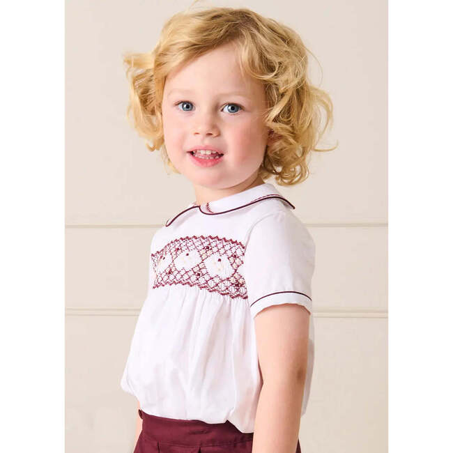 Hand Smocked Peter Pan Collar Short Sleeve Two Piece Set, Burgundy - Mixed Apparel Set - 4