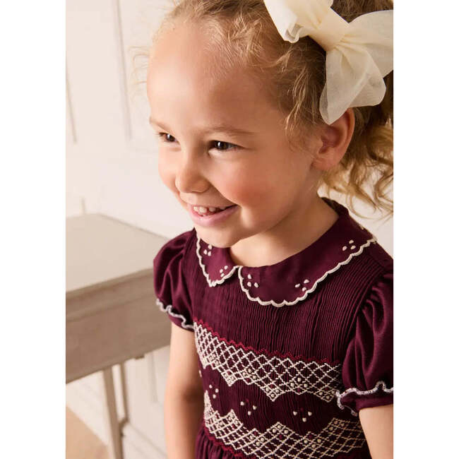 Hand Smocked Peter Pan Collar Short Sleeve Dress, Burgundy - Dresses - 5