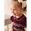 Hand Smocked Peter Pan Collar Short Sleeve Dress, Burgundy - Dresses - 5