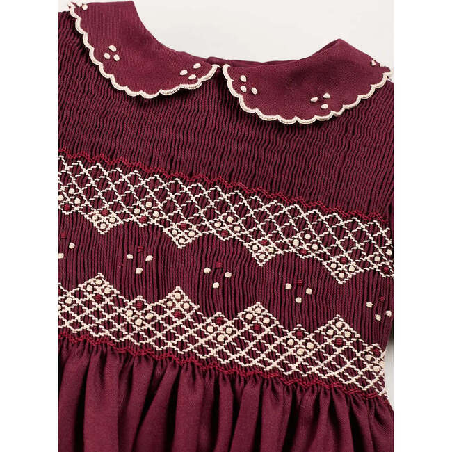 Hand Smocked Peter Pan Collar Short Sleeve Dress, Burgundy - Dresses - 6