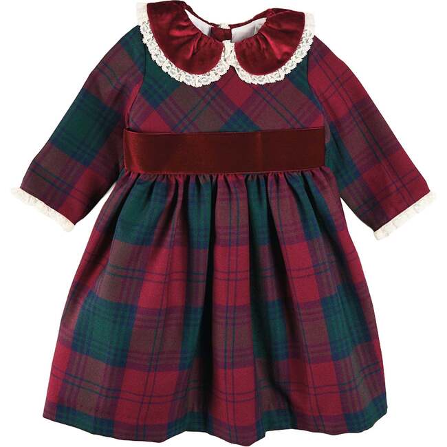 Grovesnor Tartan Lace Detail Velvet Bow Dress, Red