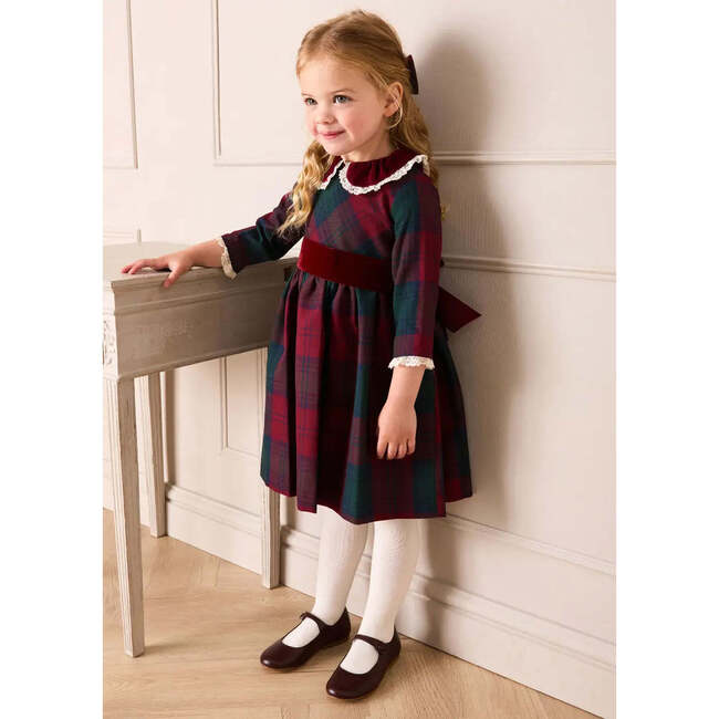 Grovesnor Tartan Lace Detail Velvet Bow Dress, Red - Dresses - 2