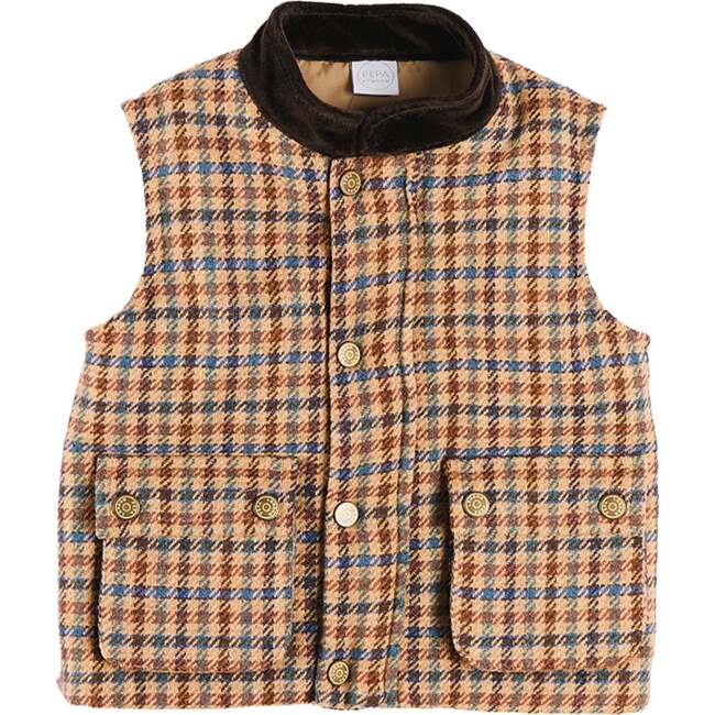 Vincent Check Velvet Collar Pocket Detail Vest Gillet, Brown