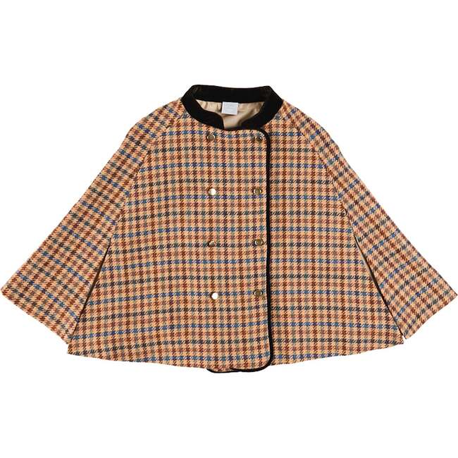 Vincent Check Velvet Collar Gold Button Detail Cape, Brown