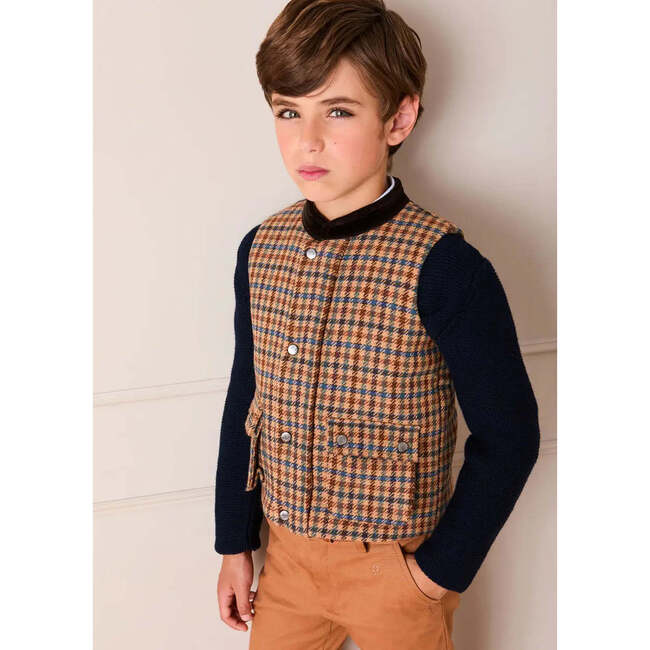Vincent Check Velvet Collar Pocket Detail Vest Gillet, Brown - Coats - 2
