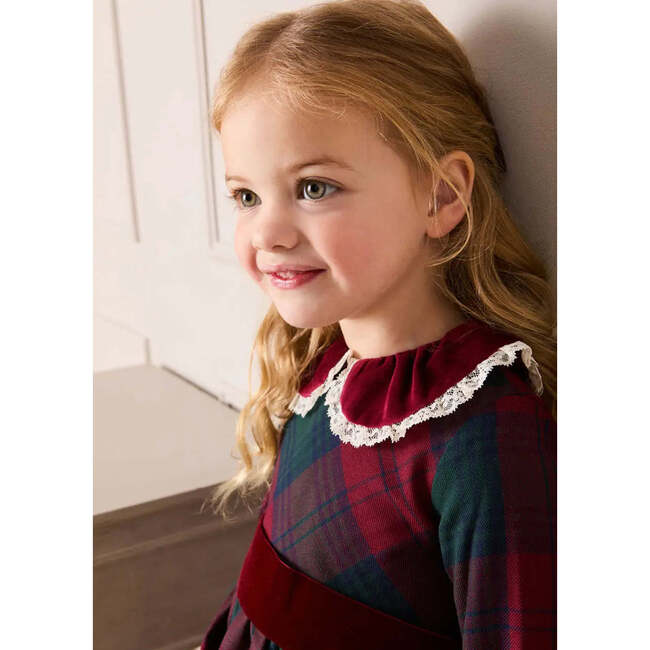 Grovesnor Tartan Lace Detail Velvet Bow Dress, Red - Dresses - 4