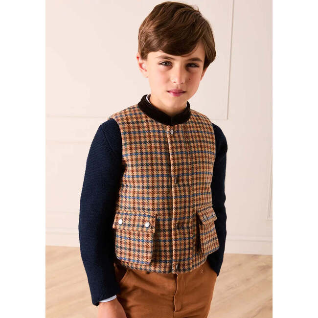 Vincent Check Velvet Collar Pocket Detail Vest Gillet, Brown - Coats - 3