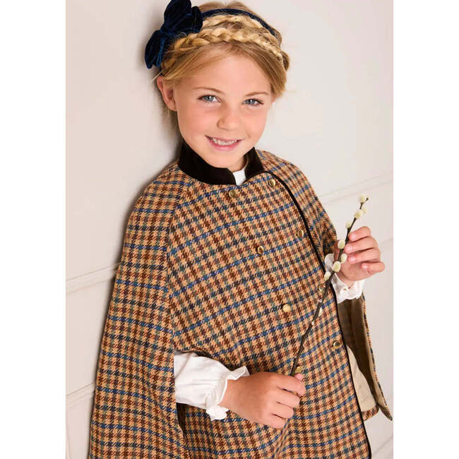 Vincent Check Velvet Collar Gold Button Detail Cape, Brown - Coats - 3